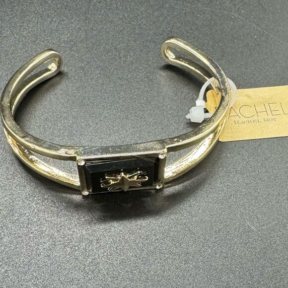 Rachel Roy Beautiful Gold Tone With Black Stone Cuff Bracelet - Picture 3 of 6